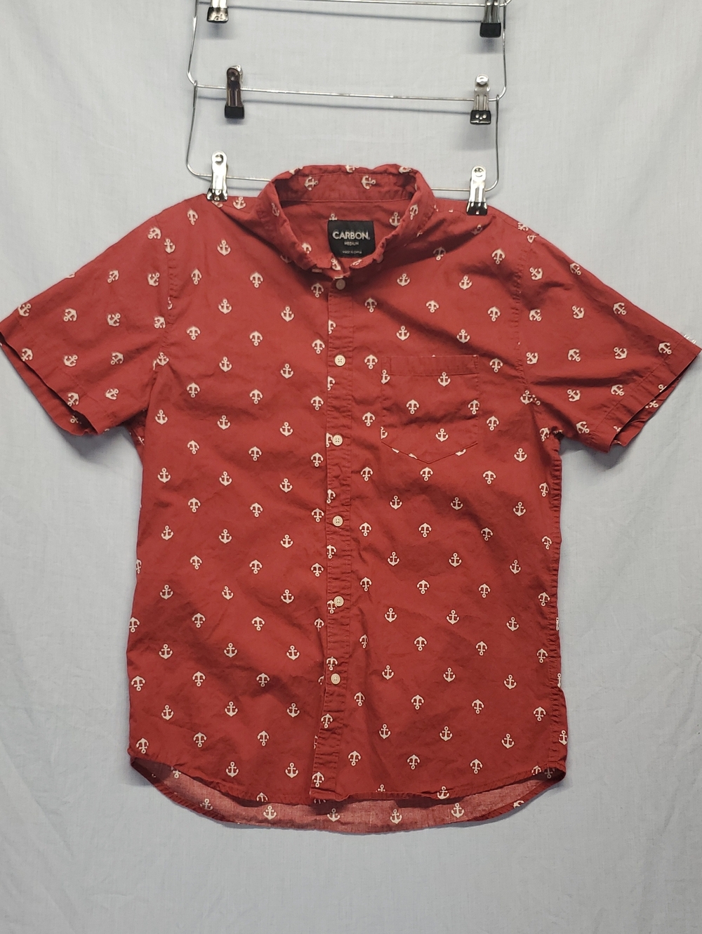 Carbon Rust-Red Anchor Print Short Sleeve Button Down Shirt #228